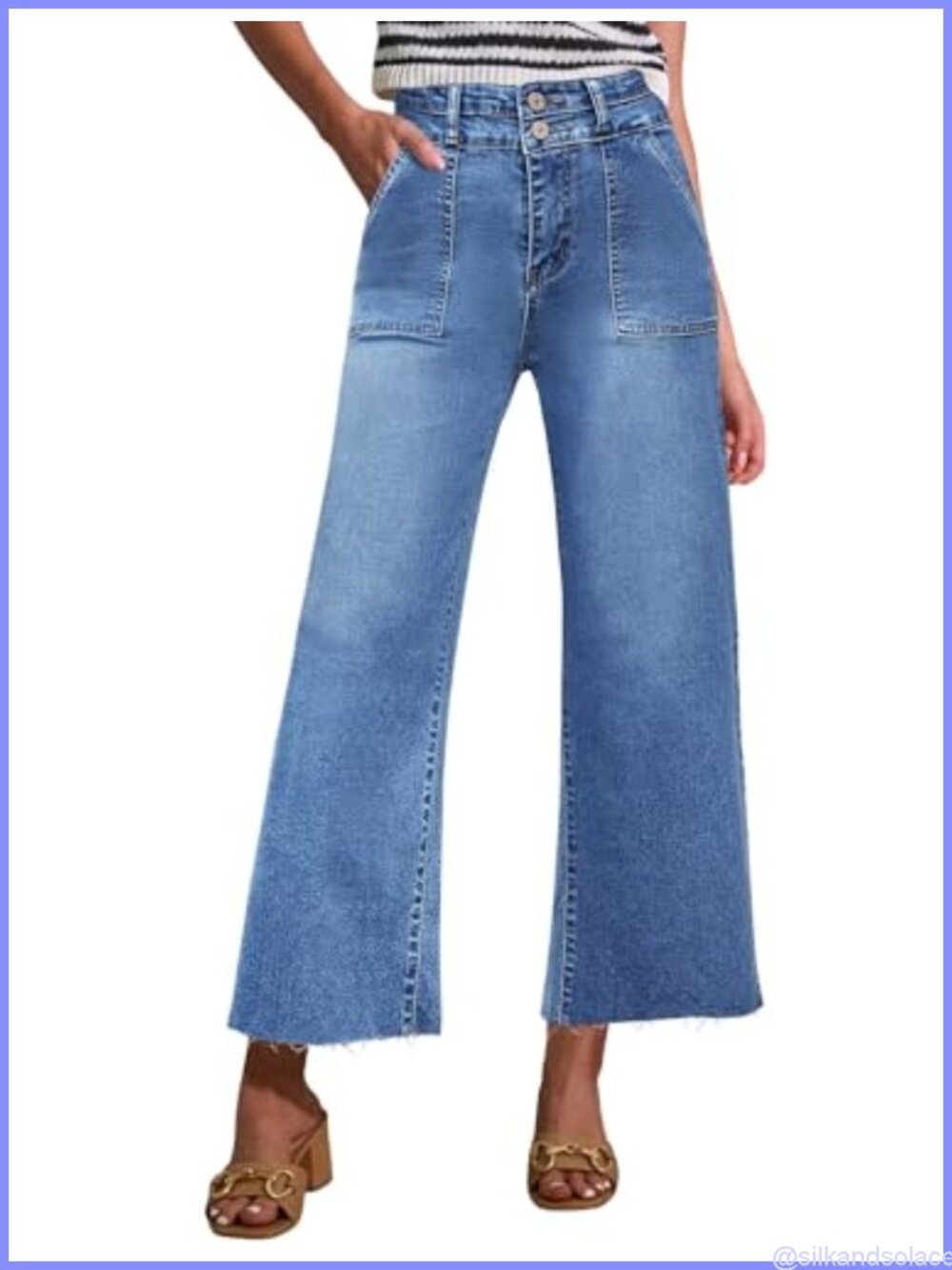 Womens High Rise Cropped Wide Leg Jeans Two Button Frayed Hem Stretch Denim